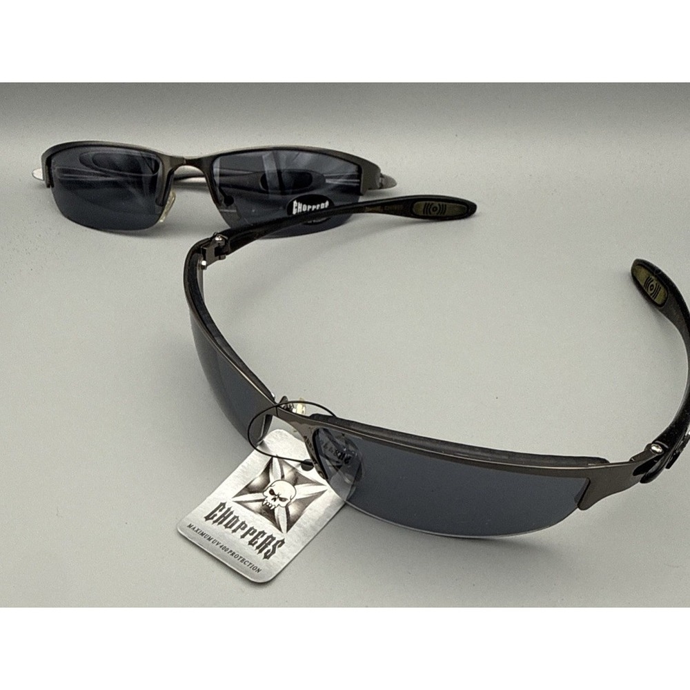 2 NWT Choppers Bikers Mens Sunglasses - Black Wrap Frame with Smoke Lens-Limited
